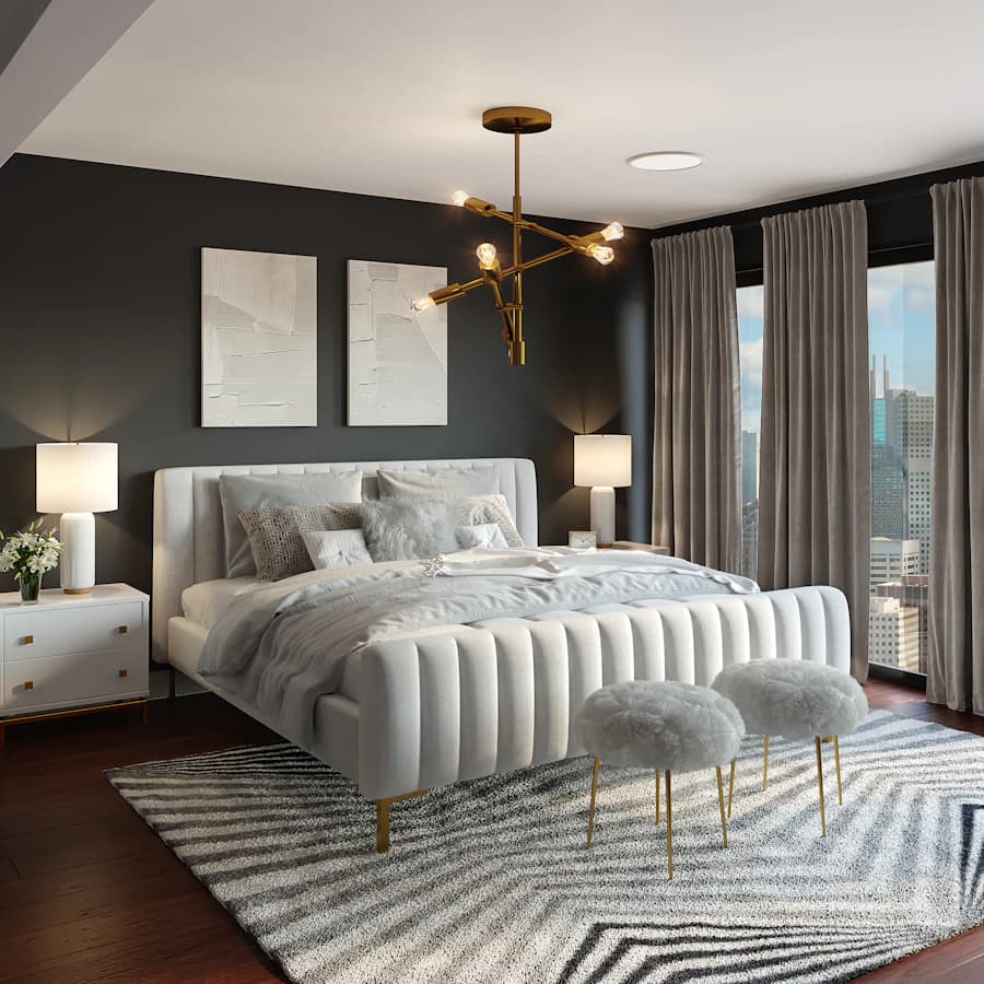 A warm bedroom with natural wood, soft bedding and layered textures