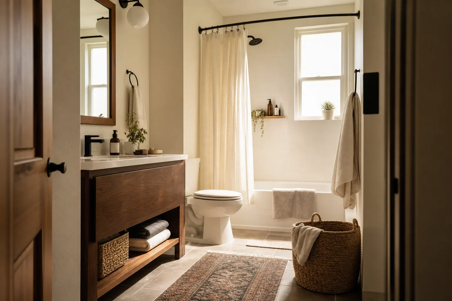 Editorial illustration for The First Apartment Bathroom Essentials Checklist: What to Buy Before Move-In Night
