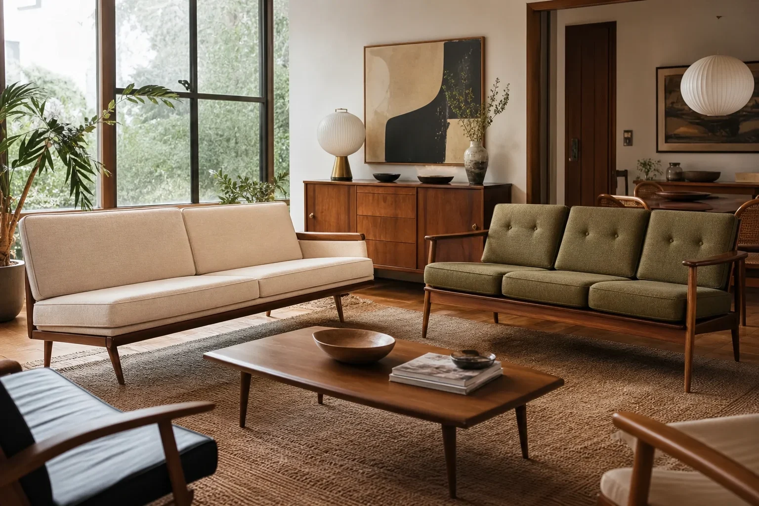 Editorial illustration for Mid Century Modern Sofa: Vintage vs. Reproduction — A Frame-First Buying Filter