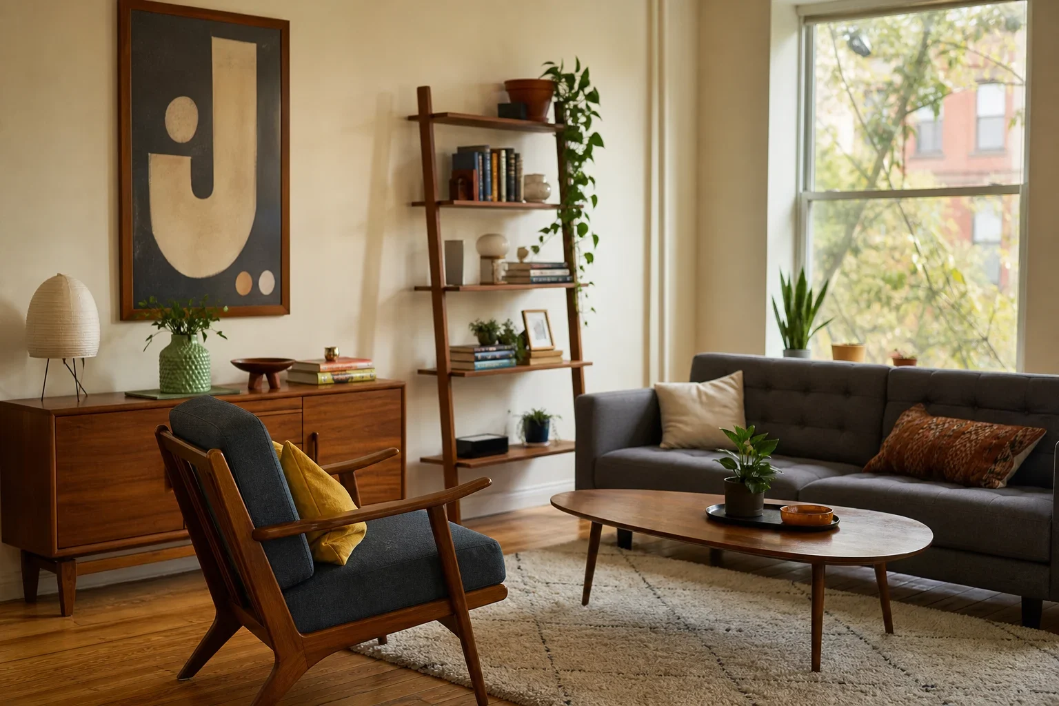 Editorial illustration for Vintage, Reproduction, or Budget-Inspired: A Mid-Century Modern Furniture Buying Filter for Your First Place