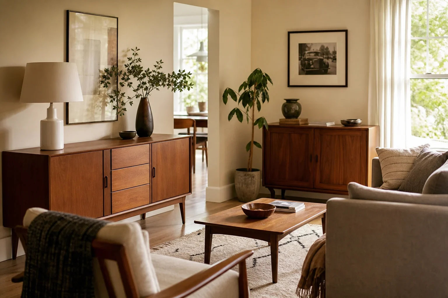 Editorial illustration for Vintage Mid Century Credenza vs Reproduction: A Living Room Storage Buying Filter