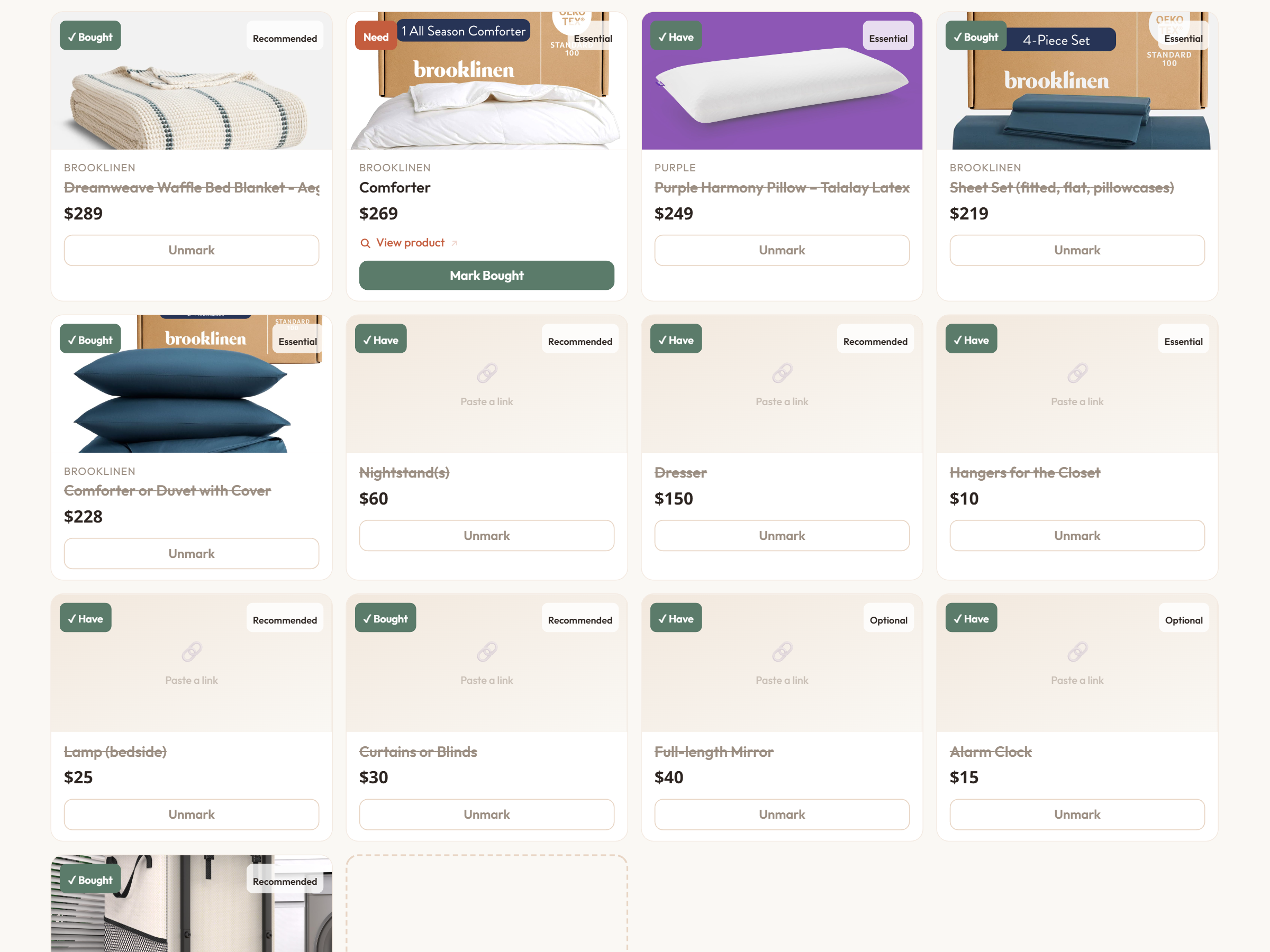 A room detail with product cards